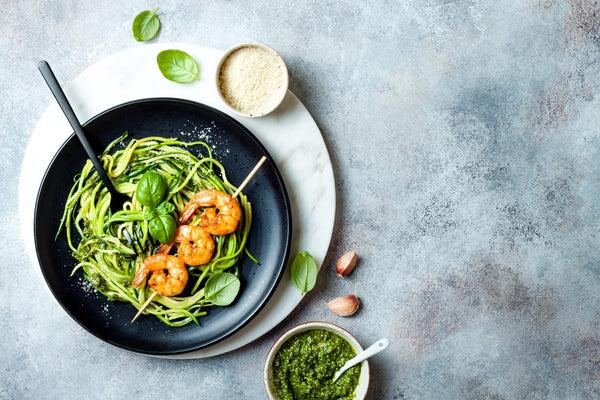 Keto noodles in a shrimp and pesto dish