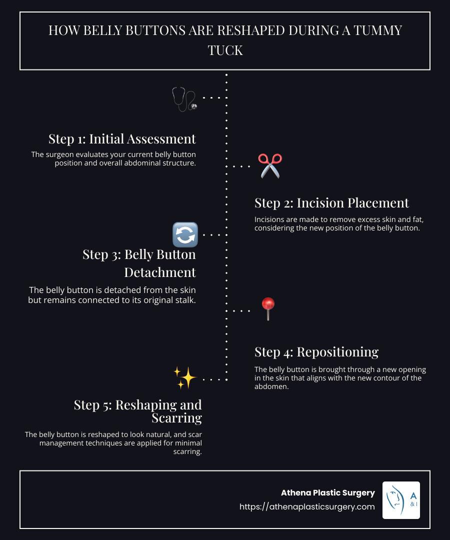 How Belly Buttons Are Reshaped During a Tummy Tuck - belly button after tummy tuck infographic infographic-line-5-steps-dark